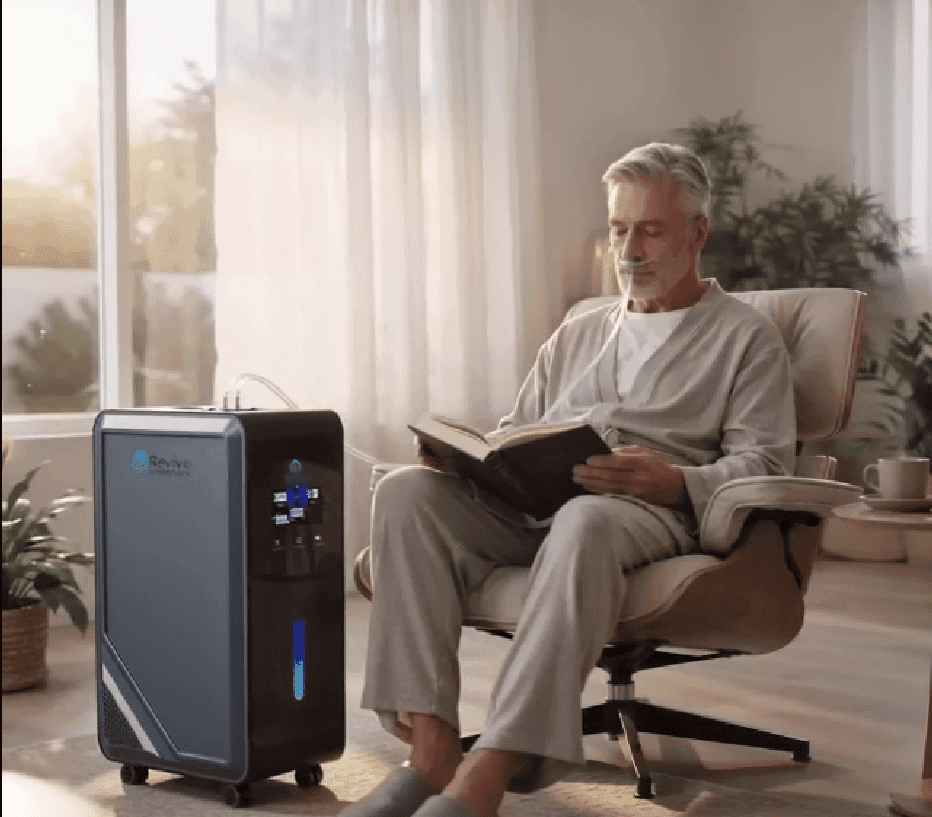 Man relaxing while using a Revive Hydrogen nasal cannula inhaler